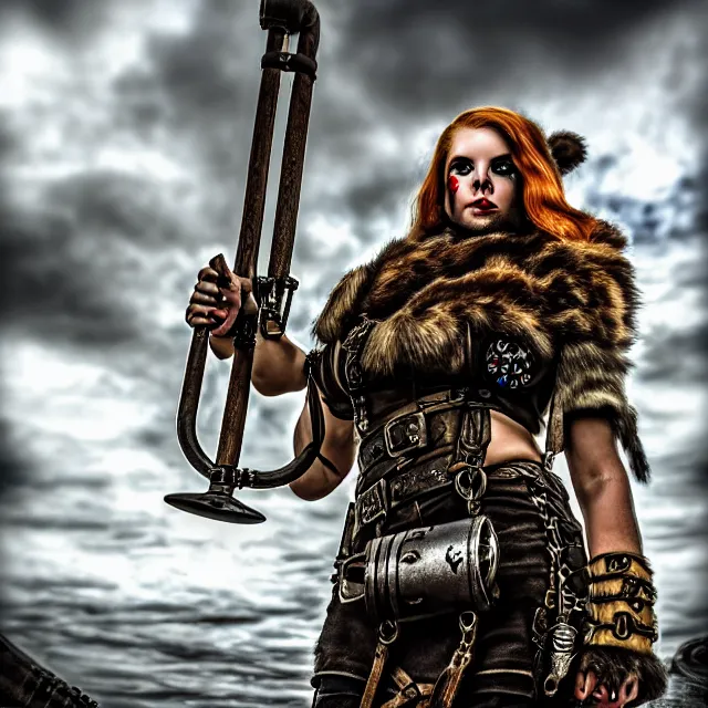 Image similar to dieselpunk viking, 4 k, hdr, smooth, sharp focus, high resolution, award - winning photo, anne stokes, photorealistic