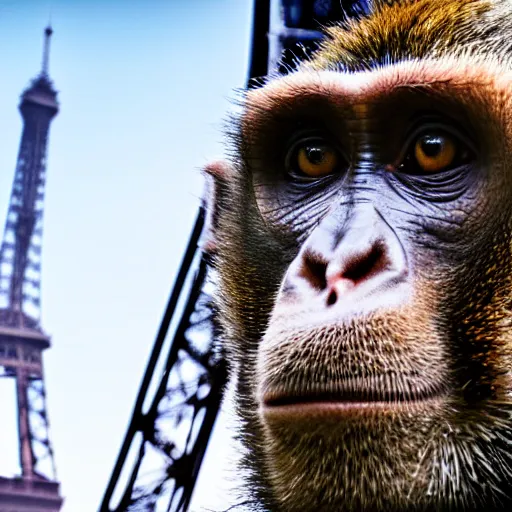 Image similar to high quality portrait of a monkey in front of eiffel tower, studio photograph, photograph, realistic photo, 8k photo, 4k photo, stock photo, high resolution, cinematic shot, high detail