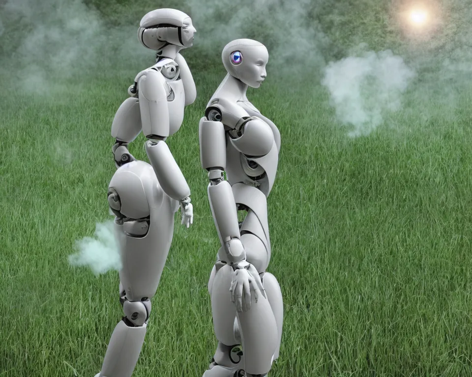 Prompt: posterior of a realistic humanoid female robot surrounded by green gas,