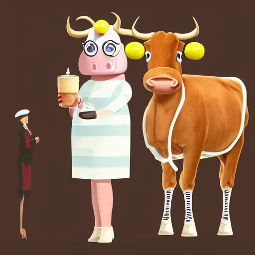 Image similar to a well dressed milkshake wearing a dress next to a brilliant shrimp wearing an academic cap inside the mouth of a cow, digital art, photorealistic