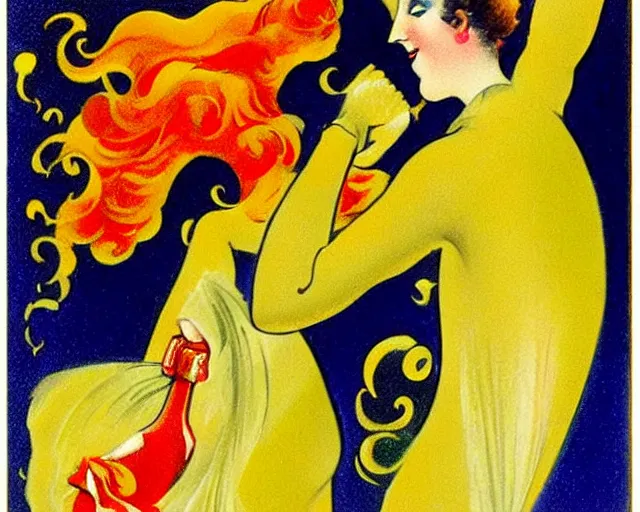 Image similar to dancer, melchizedek champagne bottle. leonetto cappiello, pur champagne damery, 1 9 0 2. cheerful, bright