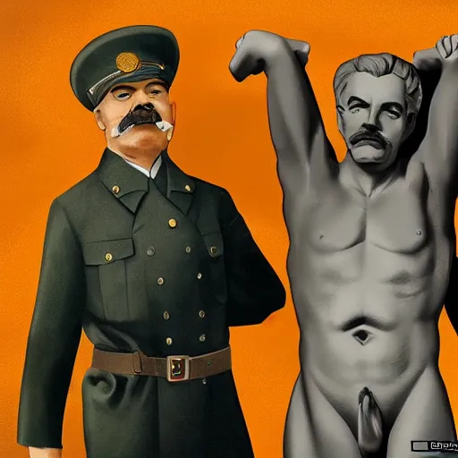 Prompt: lgbt art, tom of finland style, vladimir lenin, with stalin, in billy herrington body, art in 4 k, high quality