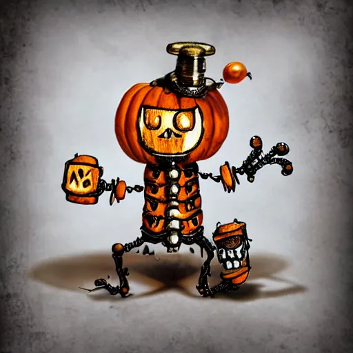 Image similar to tiny and cute halloween monster with intricate details created with pumpkin and steampunk, screws and bolts, a cog and a pearl, lit up, cinematic, 3d occlusion, isolated on white background