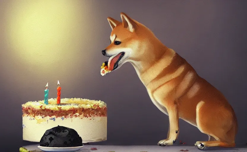 Prompt: a painting of a shiba inu eating a birthday cake trending on artstation in the style of greg rutkowski