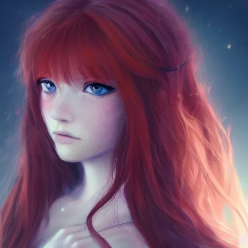 Prompt: portrait of a beautiful cute redhead from anime with big blue eyes, fantasy, intricate, elegant, highly detailed, digital painting, artstation, concept art, smooth, sharp focus, illustration