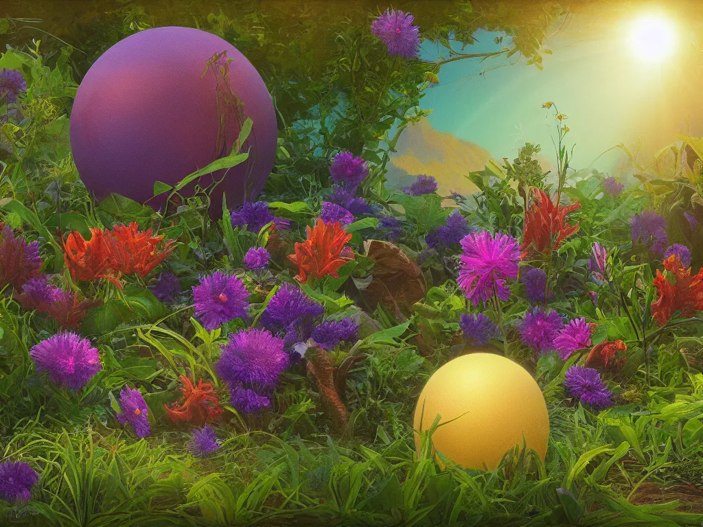 Image similar to sunlight study, kauai wildflower undergrowth within the orb, art nouveau, by rachel ruysch and martin johnson heade and ( ( ( ( ( lisa frank ) ) ) ) ), 8 k, sharp focus, octane render