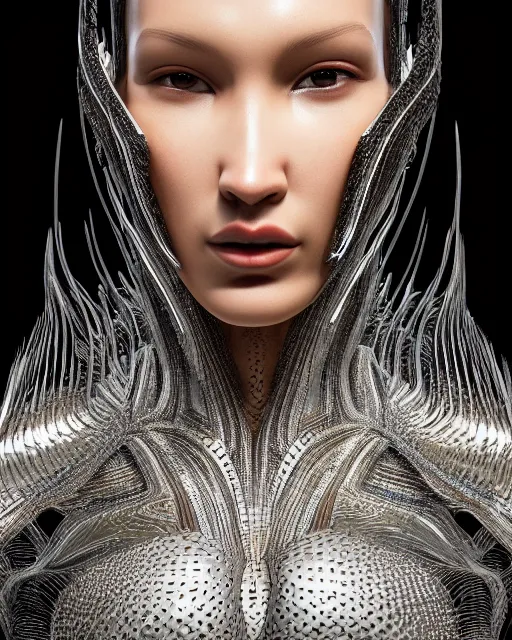 Prompt: a highly detailed metahuman 8 k close up render of bella hadid in iris van herpen dress in style of alex grey trending on artstation made in unreal engine 4