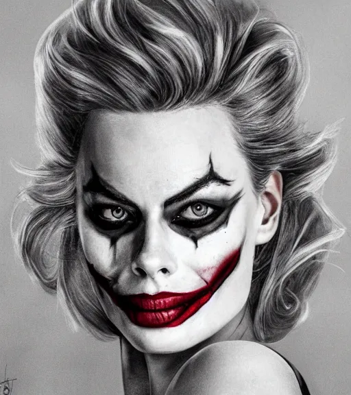 Image similar to photographic still of the beautiful margot robbie portrait with joker makeup, in the style of den yakovlev, realistic face, black and white, realism tattoo, hyper realistic, highly detailed, award winning drawing