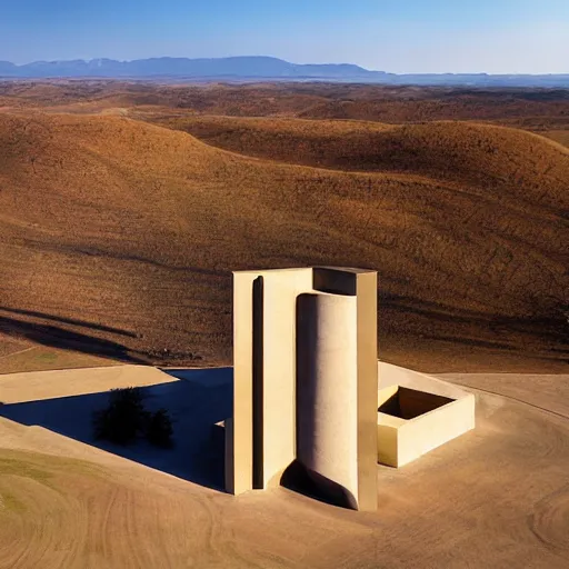 Prompt: a building in a stunning landscape by louis kahn and alberto burri, architectural photograph distance drone wide view, dynamic lighting sharp infinite focus