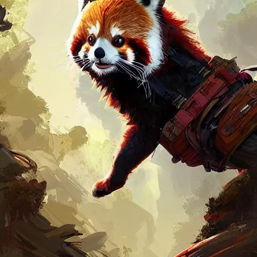 Image similar to red panda as apex legends character, digital illustration portrait design, by android jones and greg rutkowski, retrowave color scheme, detailed, cinematic lighting, wide angle action dynamic portrait