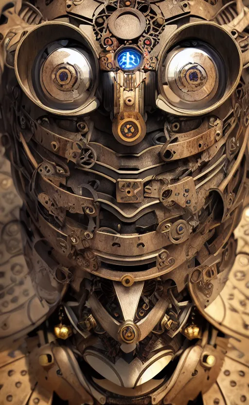 Image similar to steampunk tribal mask, robot, owl, japanese pottery, vivid colors, wood, metal, intricate details, trending on cgsociety, concept art, glowing eyes, sharp focus, ultra realistic details, cinematic atmosphere, global illumination, shadows, octane render, 8 k