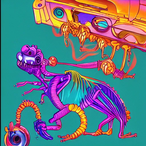 Image similar to the rhythmic rattling of a mechanical reptile, his Shadow is a wraith who feasts on sweets. a paradoxically sweet-scented colorful concotion laid out to trap the beast with cyanide hidden in its sauce. the mess of pie stains the beast's nostrils as it devours in textural and subliminal hypnotic spirals, lashing its tongue through its serrated teeth with envy, envy for the past self who had not yet seen such a pastry and was sent, vectorized, flattened