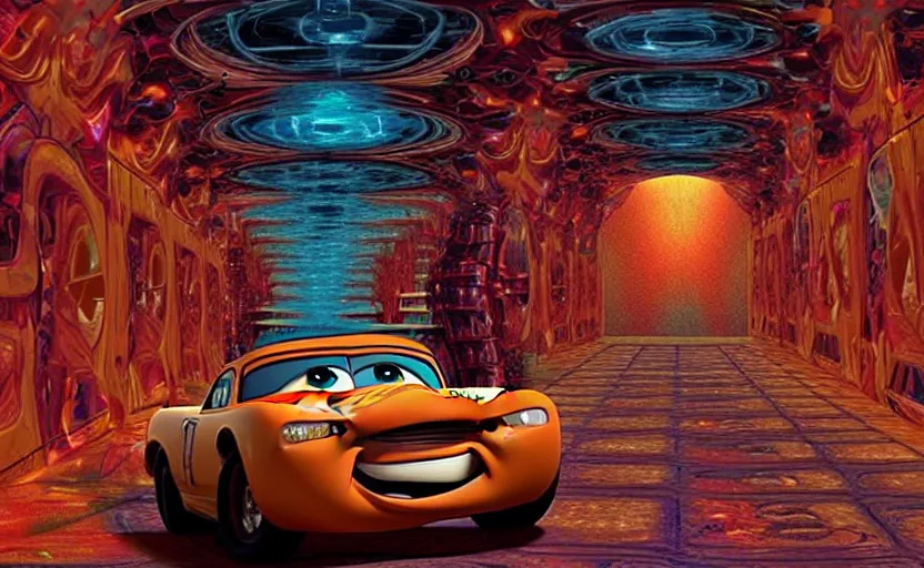 Image similar to mater from cars in a mirrored fractal hallway, romance novel cover, dmt visualization, in 1 9 9 5, y 2 k cybercore, industrial photography, still from a ridley scott movie