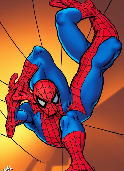 Image similar to Spiderman, comic book, art by Matt Groening and Jack Kirby and Mark Taylor, sharp focus, illustration, stunning lighting, realistic character concept, light atmosphere, golden ratio, cinematic lighting, high resolution, insanely detailed and intricate, 8k