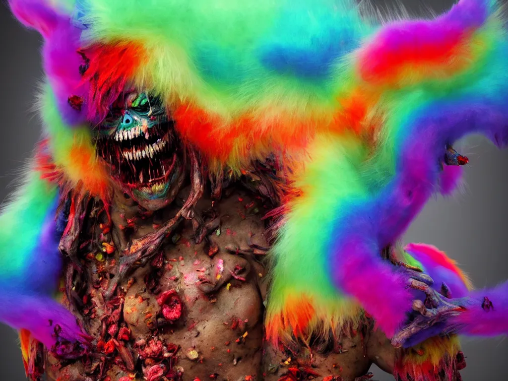 Image similar to a picture of a beautiful!!!! colorful flesh - eating!!!! yamazaku covered in rainbow fur, the ground is covered in maggots!!!!, hallucination, fear, morbid, nightmare, supernatural, 8 k, unreal engine, highly detailed, chiaroscuro, terrifying, trending on artstation