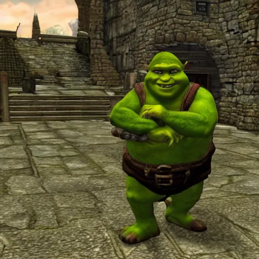 Prompt: shrek in the elder scrolls oblivion