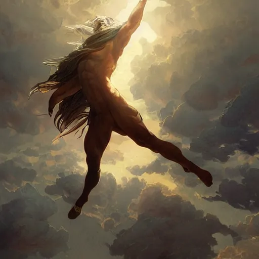 Image similar to Icarus falling from the sky, dramatic light, highly detailed, digital painting, artstation, concept art, sharp focus, illustration, art by artgerm and greg rutkowski and alphonse mucha