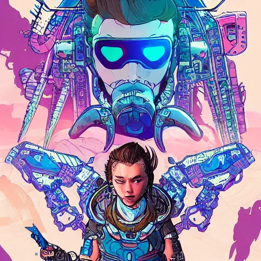 Prompt: hyper detailed comic illustration of a cyberpunk Aloy Horizon Zero Dawn wearing a futuristic sunglasses and a gorpcore jacket, markings on his face, by Josan Gonzalez and Geof Darrow, intricate details, vibrant, solid background, low angle fish eye lens