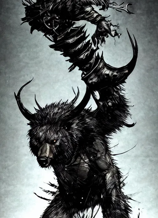 Prompt: A horned bear spirit with sharp claws. In style of Yoji Shinkawa and Hyung-tae Kim, trending on ArtStation, dark fantasy, great composition, concept art, highly detailed.