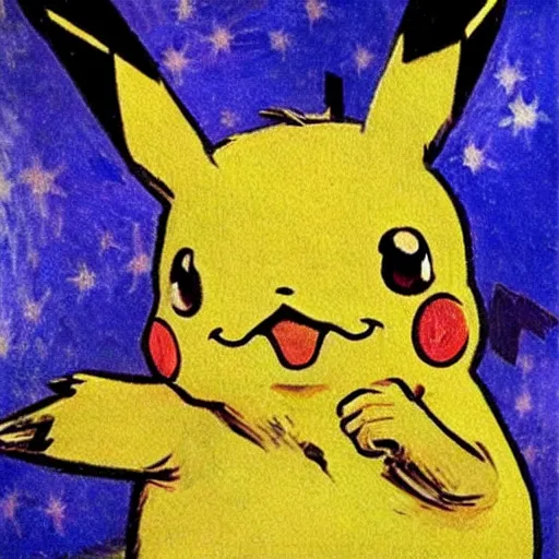 Image similar to van Gogh paintings pokemon card Pikachu glistening in oil, posing. McGinnis, pulp comic style, circa 1958, photorealism