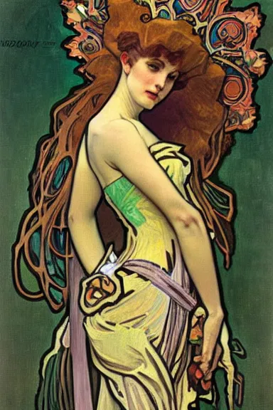 Prompt: This is a monster, and its name is Greeny, oil painting without frame by Alphonse Mucha