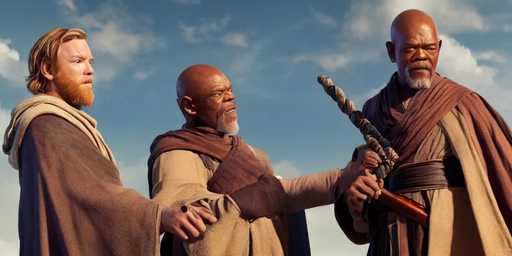 Image similar to obi - wan kenobi disney plus show, played by ewan mcgregor and old mace windu played by samuel l jackson, greet eachother, old friends, accurate ultra realistic faces, 4 k, movie still, uhd, sharp, detailed, cinematic, render, modern