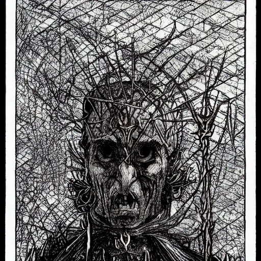 Image similar to A hobgoblin Priest, by Harry Clarke, Santiago Caruso, Extreme longshot, Macro View, Minimalist, Close Up, Deviantart