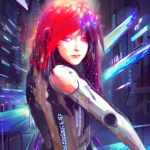 Image similar to full body!!!, digital cyberpunk anime!!, shattered beautiful cyborg - girl!!!, lightning, raining!!, water refractions!!, black long hair!, colorful reflective eyes, full round face!, biomechanical details, mid - shot, reflections, wlop, ilya kuvshinov, artgerm