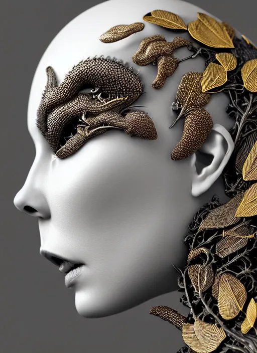 Image similar to bw close - up profile face, black background, beautiful young porcelain vegetal - dragon - cyborg - female, 1 5 0 mm, beautiful natural soft rim light, silver gold details, magnolia leaves and stems, roots, fine lace, mandelbot fractal, elegant, ultra detailed, white metallic armour, octane render, h. r. giger style