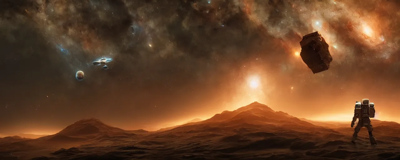 Image similar to movie still, thin galactic horizon, a dark epic galaxy, space scene, dark scifi, unreal engine, octane render, detailed and intricate, global illumination, volumetric lighting, hubble telescope images, james webb telescope images, houdini fluid simulation, detailed and intricate environment