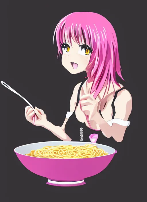 Image similar to anime girl with pink hair eating ramen noodles, black background, anime style