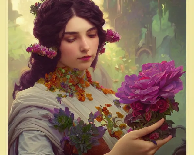 Prompt: a florist, photography of kurzgesagt, deep focus, d & d, fantasy, intricate, elegant, highly detailed, digital painting, artstation, concept art, matte, sharp focus, illustration, hearthstone, art by artgerm and greg rutkowski and alphonse mucha