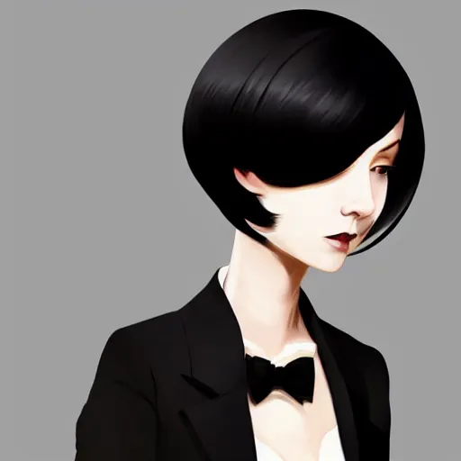 Prompt: slim cruel business girl in tuxedo with black bob hair, elegant, 2 d, ultra highly detailed, digital painting, smooth, sharp focus, artstation, art by ilya kuvshinov! dream slim girl in tuxedo with short black hair, elegant, 2 d, ultra highly detailed, digital painting, smooth, sharp focus, artstation, art by ilya kuvshinov