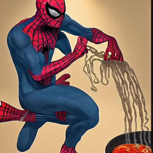 Prompt: spiderman eating ramen in a liminal space, H.R. Giger, creepy, found footage, liminal space, realistic, 4k