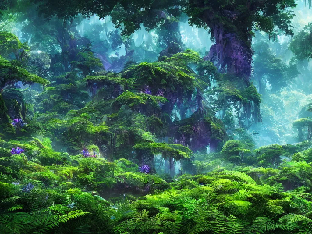 Image similar to a beautiful otherworldly fantasy landscape of dense lush ferns and evergreen trees in hyper detail like the pacific northwest, vivid glowing colors, extreme detail, studio ghibli and pixar and abzu, rendering, cryengine, deep colors, purple and blue and green colors, vray render, cgsociety