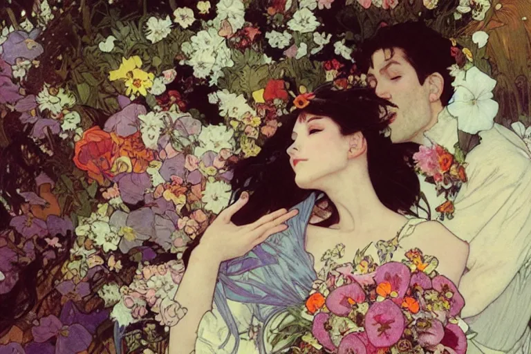 Image similar to the groom kisses the bride at a wedding full of flowers, bright and happy, dreamlike art, highly detail, 4 k realistic, wedding photoy krenz cushart. artem demura. alphonse mucha. yoji shinkawa artgerm. jon lothian. danilo torres. adi meyers. thomas reimann. gaston bussiere.