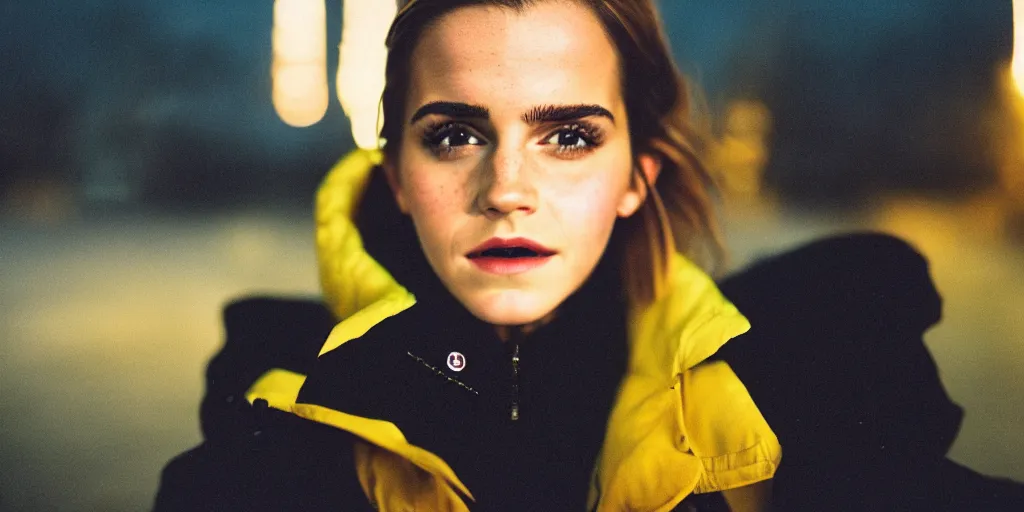 portrait close up, emma watson wearing moncler jacket, | Stable