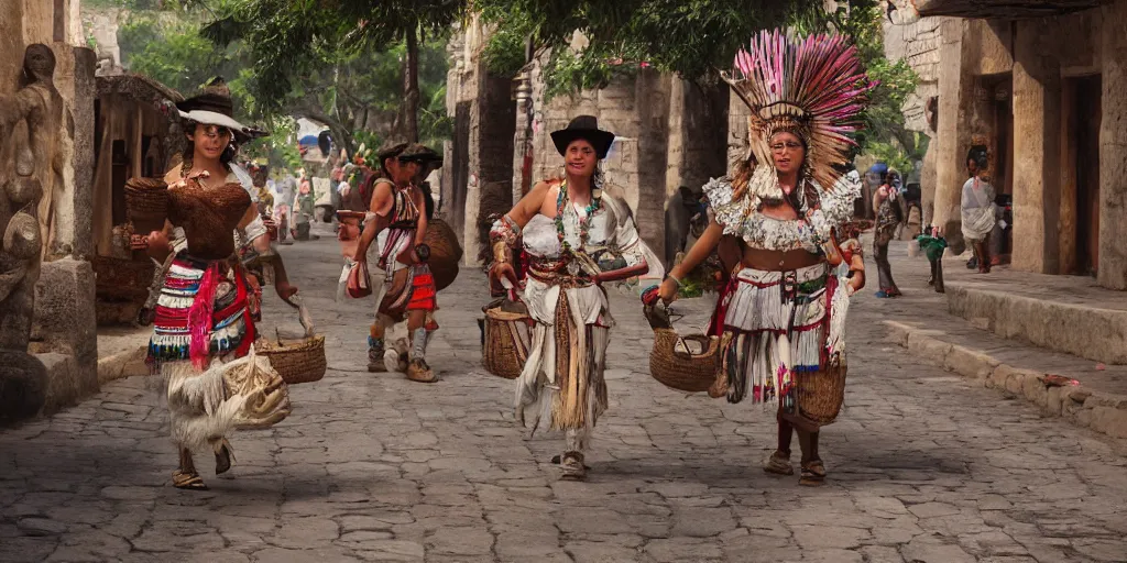 Image similar to mexico in the 1 7 0 0 s filled with ancient palenque mayan architecture, mayan woman walking the streets, indians in traditional wear haggling with the street vendors, surreal, beautiful, hyper realistic, trending on artstation, 8 k, hd