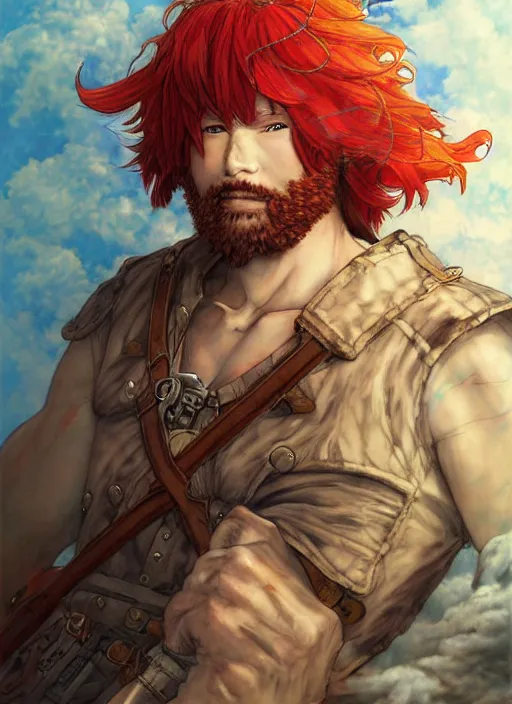 Image similar to prompt : ragnarok online portrait soft light painted by james jean and katsuhiro otomo and erik jones, inspired by akira anime, epic fantasy, a long red haired, red bearded male sky - pirate in front of an airship, intricate oil painting, high detail illustration, sharp high detail, manga and anime 1 9 9 9