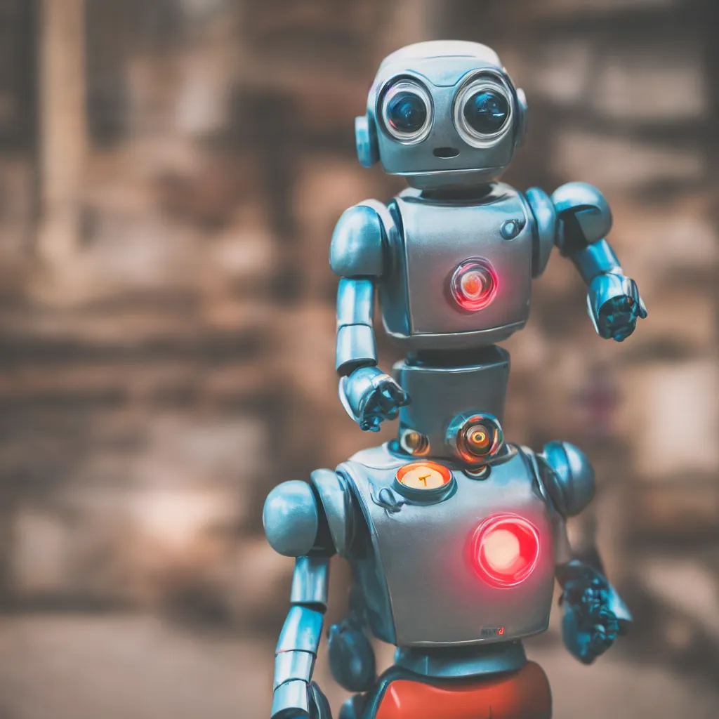 Image similar to high quality presentation photo of a retro toy robot with glowing eyes, photography 4k f1.8 anamorphic bokeh 4k Canon Nikon