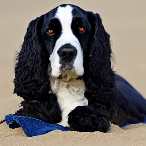 Prompt: black english cocker spaniel on the beach chilling