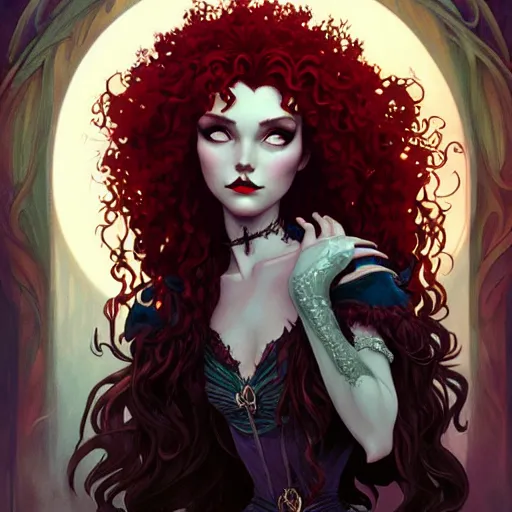 Image similar to a dark gothic version of Princess Merida, face, fantasy, intricate, elegant, highly detailed, digital painting, artstation, concept art, smooth, sharp focus, illustration, art by Cynthia Shephard and Fernanda Suarez and Artem Demura and alphonse mucha