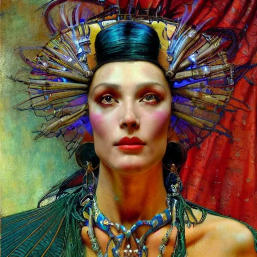 Image similar to baroque portrait of an art deco shaman, reflective detailed textures, highly detailed fantasy science fiction painting by annie swynnerton and jean delville and moebius, norman rockwell and syd mead. rich colors, high contrast. artstation