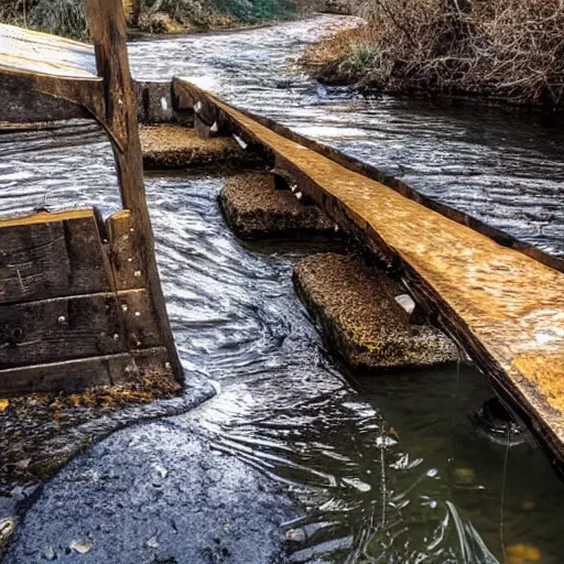 Image similar to old wooden gold sluice, beautiful view, artistic look, high details, water flowing