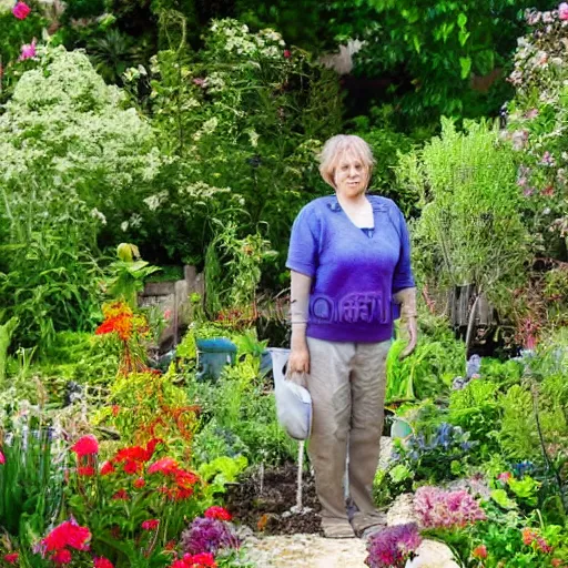 Prompt: a small but beautiful garden filled with medicinal plants that are being looked after by a happy middle aged woman being one with nature, accurate, soft light, high resolution. In the background there is a small but we're she lives