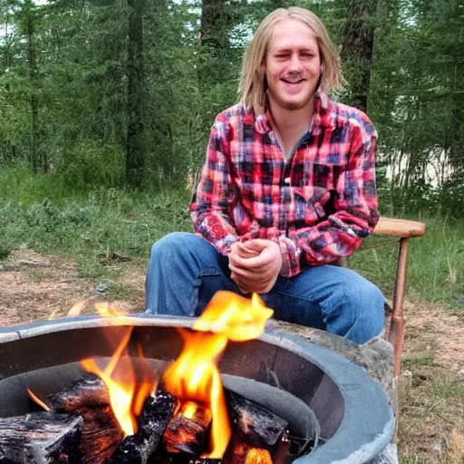 Image similar to photo of hillbilly with long blonde hair smiling near a fire pit