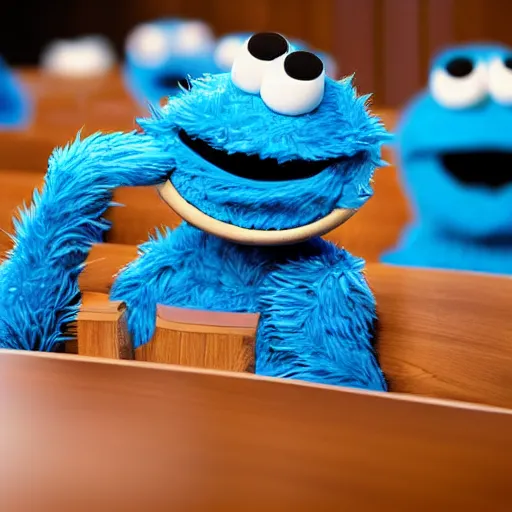 Prompt: cookie monster sitting on chair at overeaters anonymous meeting, highly detailed, sad,