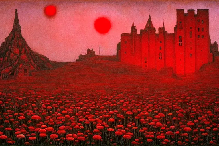 Image similar to only with red, red flowers of different types, a red tiger, a castle in the background, medieval demons dance over the flowers, an ancient path, in the style of beksinski, part by hopper, part by rodcenko, part by hofbauer, intricate composition, red by caravaggio, insanely quality, highly detailed, masterpiece, red light, artstation