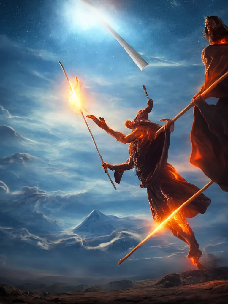 Image similar to levitating wizard wielding a spear, opening a shining portal, night sky, horizon of an erupting volcano, 4 k, ultra realistic, detailed, epic lighting, high detail, masterpiece, trending on artstation