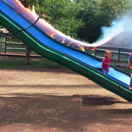 Image similar to metal slide on fire on a hot day, scared child